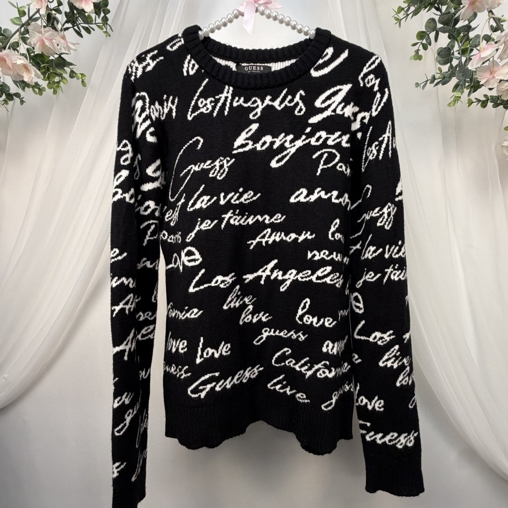 GUESS All Over Logo Crewneck Knit Sweater Womens L Black White Logomania Y2K